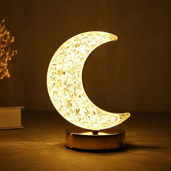 Crystal Table Lamp | Moon Shape Touch Control Lamp with 3 Color | Metal Bedside Lamp for Kids Bedroom Romantic Desktop Nightstand | Stepless Dimming USB Charging Touch Night Light - Goyaldeal.com