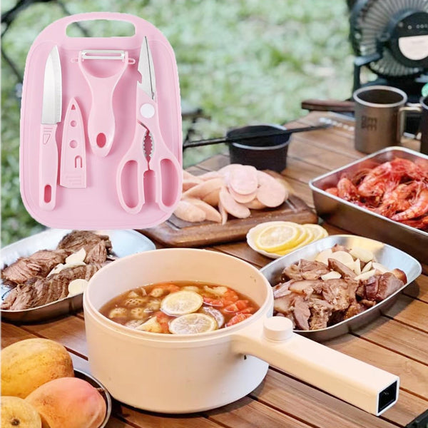 Mini Travel Cutting Board Set, 4 Pcs Portable Mini Camping Plastic Cutting Board & Knife, Fruits & Vegetable Peeler Scissors, Kitchen Knives Set, for travel, picnic, camping, outdoor, park (4 Pc Set) - Goyaldeal.com