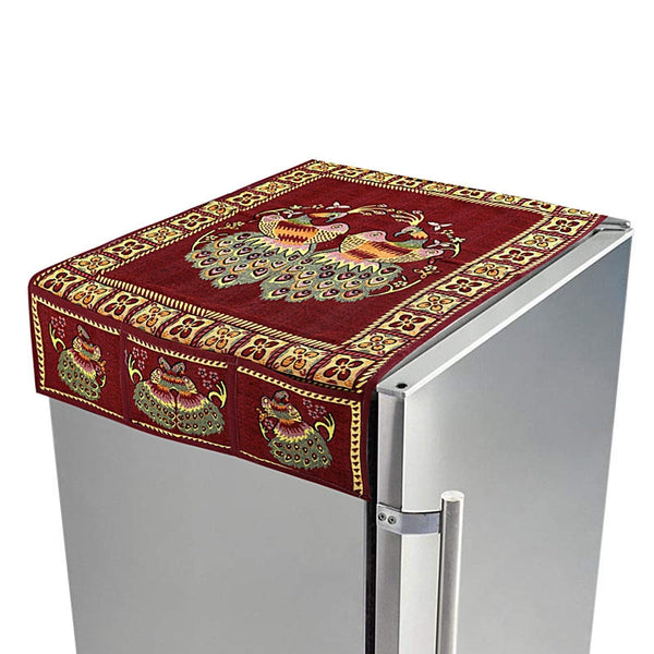 Cotton Fridge Top Cover Set - Standard, Appliance Covers Fridge Dustproof Cover with Peacock Deign 6 Utility Side Pockets Fridge Cover For All types Fridge Refrigerator Use (100x60CM) - Goyaldeal.com