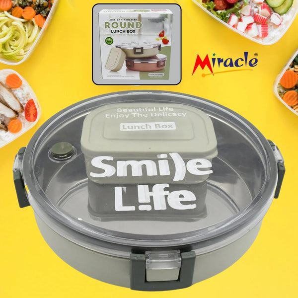 Miracle Stainless Steel Round Lunch Box, with Small Plastic Box Insert Leak Proof Lunch Box with Transparent lid, Lunch Box for Kids & Adults for School, Office (450 ML + 250 ML Approx) - Goyaldeal.com