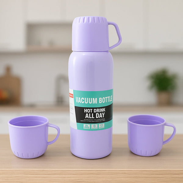 Vacuum Flask Set – Stainless Steel Thermos with 3 Cups, Approx 500ml - Goyaldeal.com