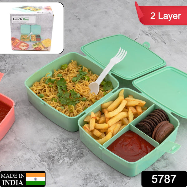 Double-Layer Square Lunch Box with  Spoon , 4 Compartment Tiffin & Push Lock , Plastic Tiffin Box for Travelling, School Kids & Office Exclusive, Home - Goyaldeal.com
