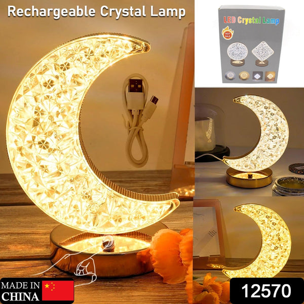 Crystal Table Lamp | Moon Shape Touch Control Lamp with 3 Color | Metal Bedside Lamp for Kids Bedroom Romantic Desktop Nightstand | Stepless Dimming USB Charging Touch Night Light - Goyaldeal.com