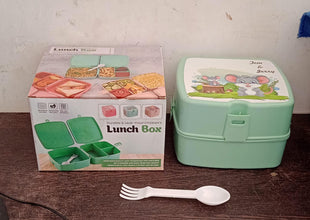 Double-Layer Square Lunch Box with  Spoon , 4 Compartment Tiffin & Push Lock , Plastic Tiffin Box for Travelling, School Kids & Office Exclusive, Home - Goyaldeal.com