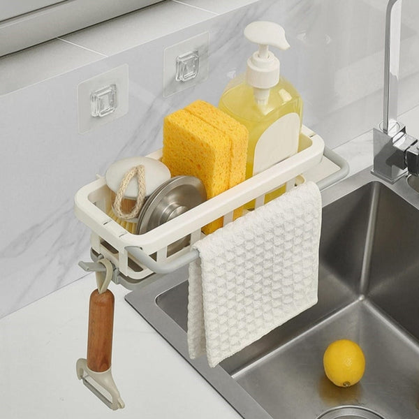 Multipurpose Platic Hanging Drain Rack Retractable Sponge Storage Hanging Rack With Adhesive Hook for Kitchen and Bathroom Dishcloth Holders Basket Drying Tray Organizer - Goyaldeal.com