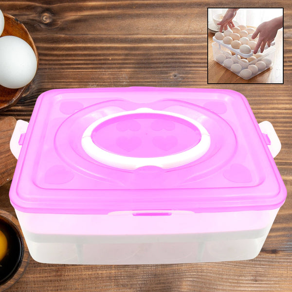 2Layer, 32 Grid Egg Tray with Lid Egg Carrier Holder for Refrigerator, Camping Food Storage Container with Handle (1 Pc ) - Goyaldeal.com