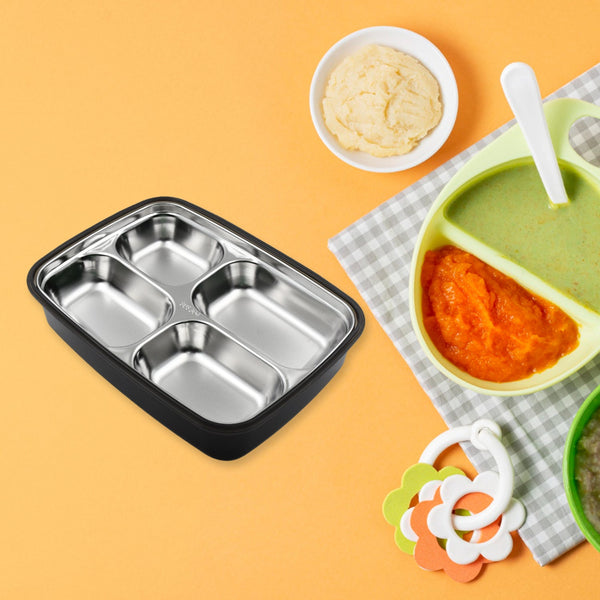 Black Transparent 4 Compartment Lunch Box for Kids and adults, Stainless Steel Lunch Box with 4 Compartments For Office, Travel, School, Home - Goyaldeal.com