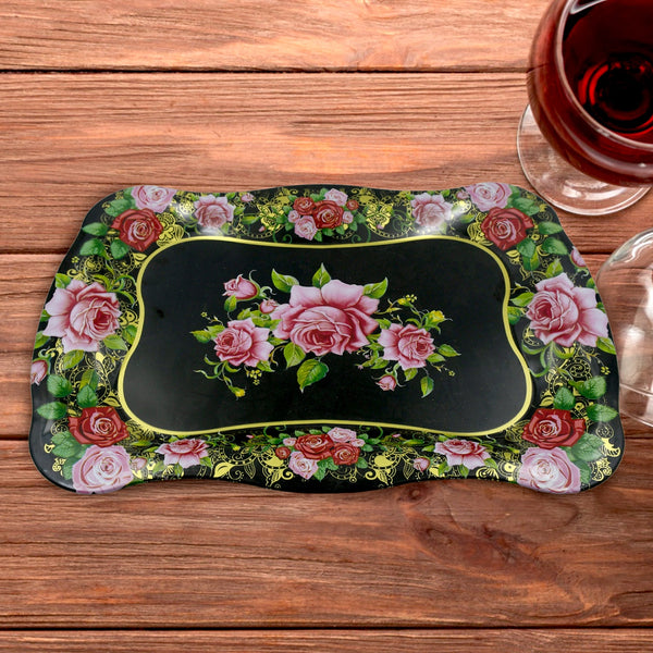 Stainless Steel Serving Tray With Flower Printed Rectangle Premium Dining Table Plate (18 x 8.5 Inch / 1 Pc) - Goyaldeal.com