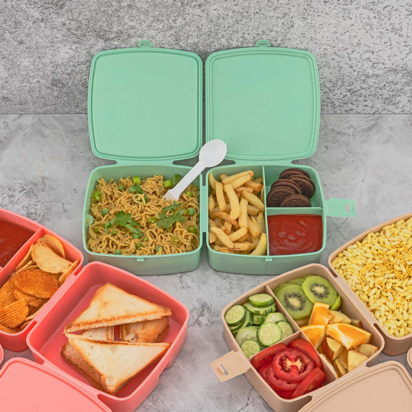 Double-Layer Square Lunch Box with  Spoon , 4 Compartment Tiffin & Push Lock , Plastic Tiffin Box for Travelling, School Kids & Office Exclusive, Home - Goyaldeal.com