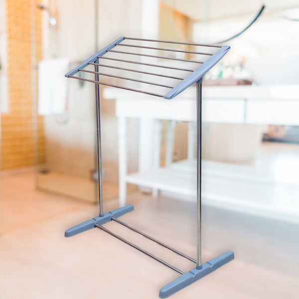 Multi-Functional Single Tier Mobile Towel Foldable Rack for Cloth and Towel / Stainless Steel and Plastic Made Mobile Towel and Cloth Rack Holder Indoor / Outdoor Standing Movable Cloth Dryer Rack, Balcony Cloth Drying Stand - Goyaldeal.com
