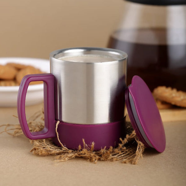 Stainless Steel Coffee/Tea Cup, Stainless Steel Lid Cover Hot Coffee/Tea Mug Hot Insulated Double Wall Stainless Steel, Coffee and Milk Cup with Lid & Handle Easy To Carry - Coffee Cup (1 Pc) - Goyaldeal.com