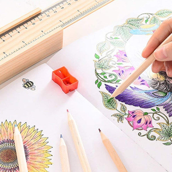 Colorful Wooden Pencil Set with Pencil box, Ruler, Sharpener For for Kids, Artist, Architect (12 Pcs Set) - Goyaldeal.com