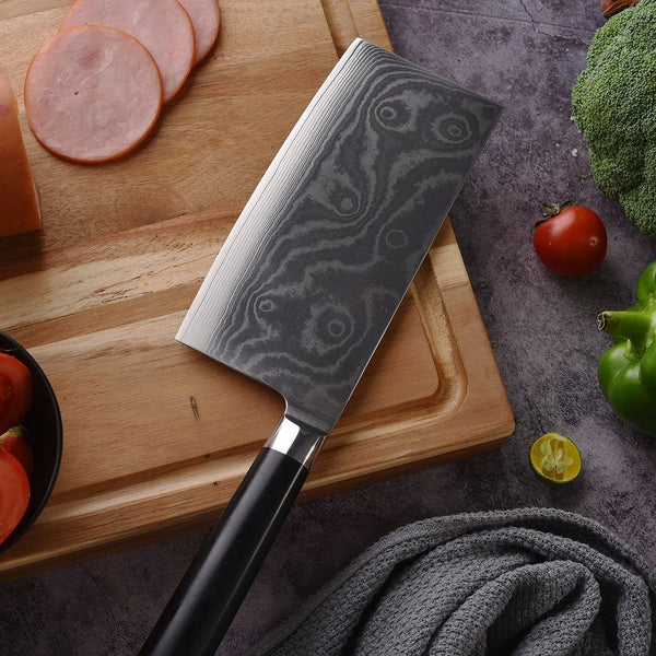 Stainless Steel Chef Damascus Cleaver Vegetable Knife with Plastic Handle & Cover, Multipurpose Use for Kitchen or Restaurant (12 Inch) - Goyaldeal.com