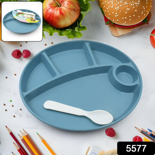 Plastic Food Plates / Biodegradable 5 Compartment Plate With Spoon for Food Snacks / Nuts / Desserts Plates for Kids, Reusable Plates for Outdoor, Camping, BPA-free (1 Pc) - Goyaldeal.com