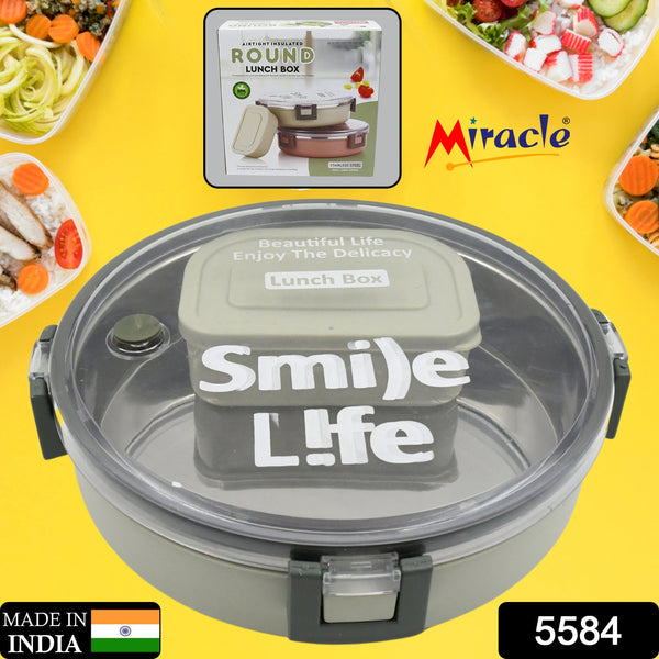 Miracle Stainless Steel Round Lunch Box, with Small Plastic Box Insert Leak Proof Lunch Box with Transparent lid, Lunch Box for Kids & Adults for School, Office (450 ML + 250 ML Approx) - Goyaldeal.com
