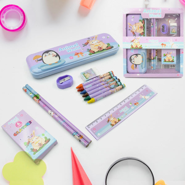 Stationery Kit for Kids - Metal Pencil Box, Sharpener, Pencil & Eraser (12 Pc Set) - Goyaldeal.com