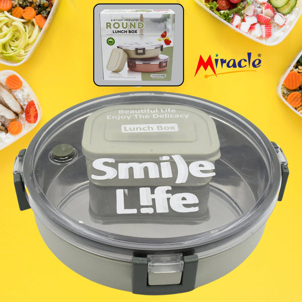 Miracle Stainless Steel Round Lunch Box, with Small Plastic Box Insert Leak Proof Lunch Box with Transparent lid, Lunch Box for Kids & Adults for School, Office (450 ML + 250 ML Approx) - Goyaldeal.com