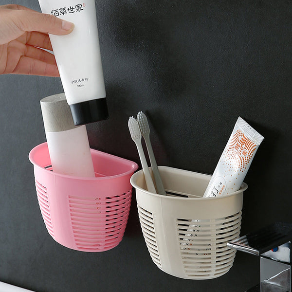 Hanging Plastic Storage Basket, Adhesive Wall Mounted Organizer Box Make Up Holder Shelf Bathroom Wall Basket Punch Free Drain Basket for Kitchen Bathroom, Wall Type Storage Basket (1 Pc) - Goyaldeal.com