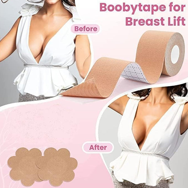Boob Tape with Nipple Covers: Cotton, Breathable, Lift & Support (5m, 10 Pairs) - Goyaldeal.com