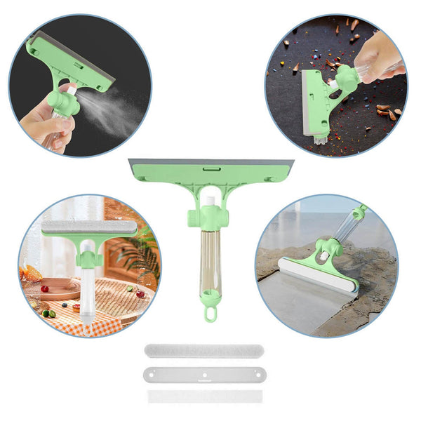 4 in 1 Multifunctional Glass Scraper, Window Glass Wiper with Watering Can, Silicon Cleaning Squeegee with Two Brush Heads, Practical Squeegee for Shower Doors, Windows, Tiles and Car Glass - Goyaldeal.com