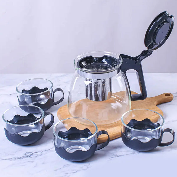 Flame Proof Glass Kettle & Cup Set With Strainer High Quality Kettle Set For Home & Café Use  (4 Cup & 1 Kettle) (24 Pc MOQ) - Goyaldeal.com