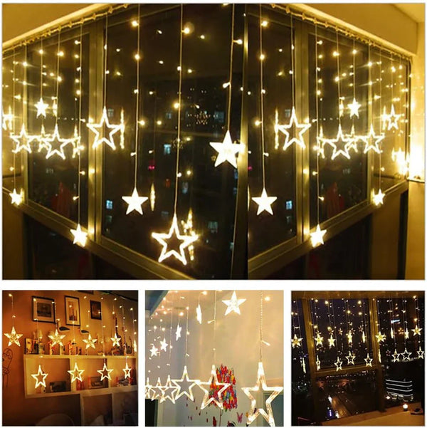 12 Stars LED Curtain String Lights with 8 Flashing Modes for Home Decoration, Diwali & Wedding LED Christmas Light Indoor and Outdoor Light ,Festival Decoration  (Warm White / With Box) - Goyaldeal.com