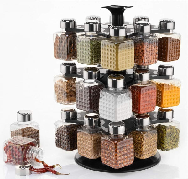 360° Revolving Spice Rack | 24-Piece Square Container Set | All-New Design for Condiments - Goyaldeal.com