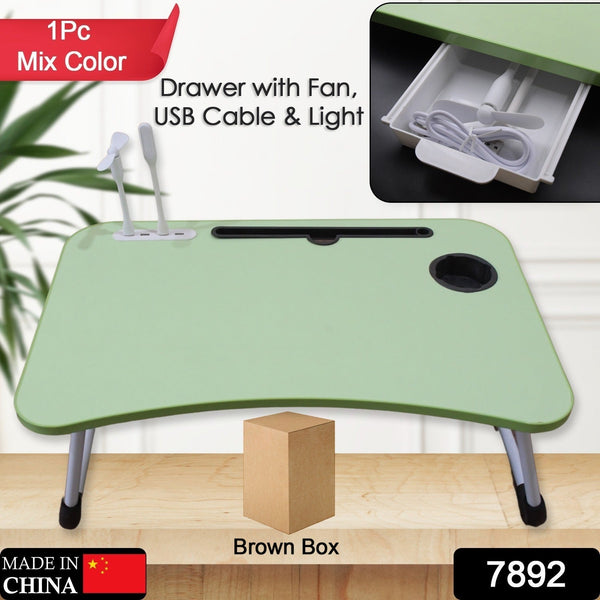 MultiPurpose Study Table Foldable Portable Notebook Bed Lap Desk Tray Stand Reading Holder with Coffee Cup Slot, Drawer, Fan, USB Cable & Light for Breakfast, Reading & Movie Watching (1 Pc Mix Color) - Goyaldeal.com