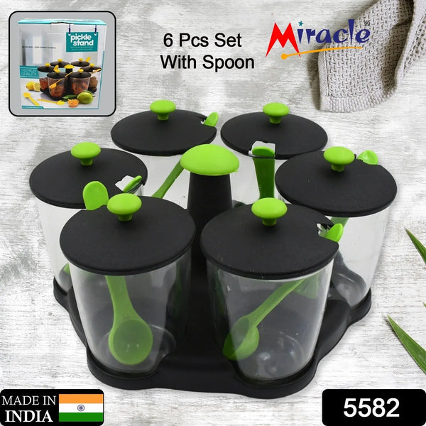 Multipurpose 6 Piece Miracle Revolving Plastic Spice Container Rack With 6 Spoon, Condiment Set, Masala Rack Set, Revolving Spice Rack Aachar Container Chutney Mukhwas Tray Masala Dining Spice Stand - Goyaldeal.com